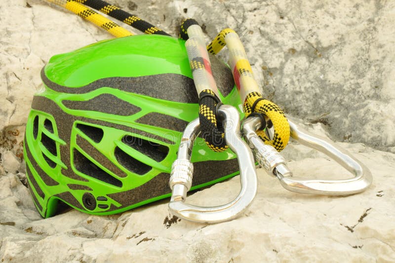 Climbing Gear Carabiners, Helmet and Rope Stock Photo Image of