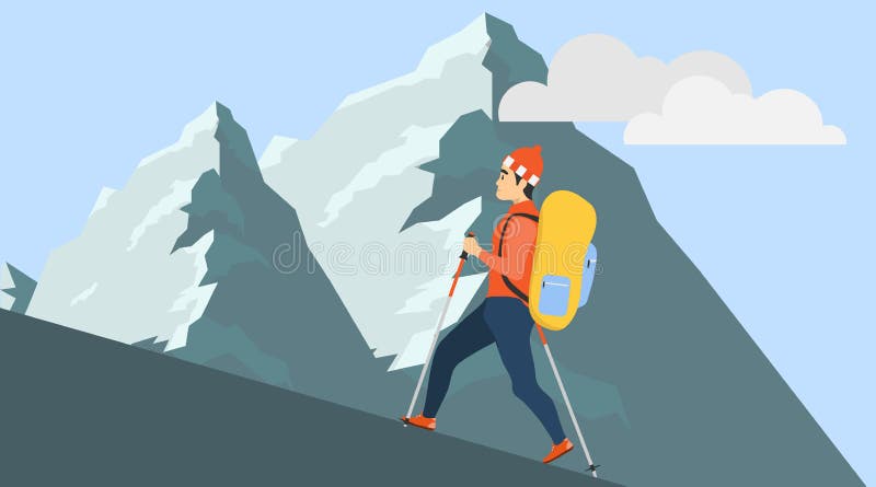 Climbing to the top. A male climber climbs a mountain. The path to the top. Career. Vector illustration.