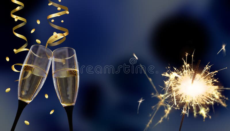 Picture for New Year`s Eve or celebrating birthdays with 2 sparkling wine glasses and sparklers. Picture for New Year`s Eve or celebrating birthdays with 2 sparkling wine glasses and sparklers