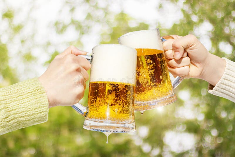 Clinking Beer Glasses on Forest Background. Stock Photo Image of