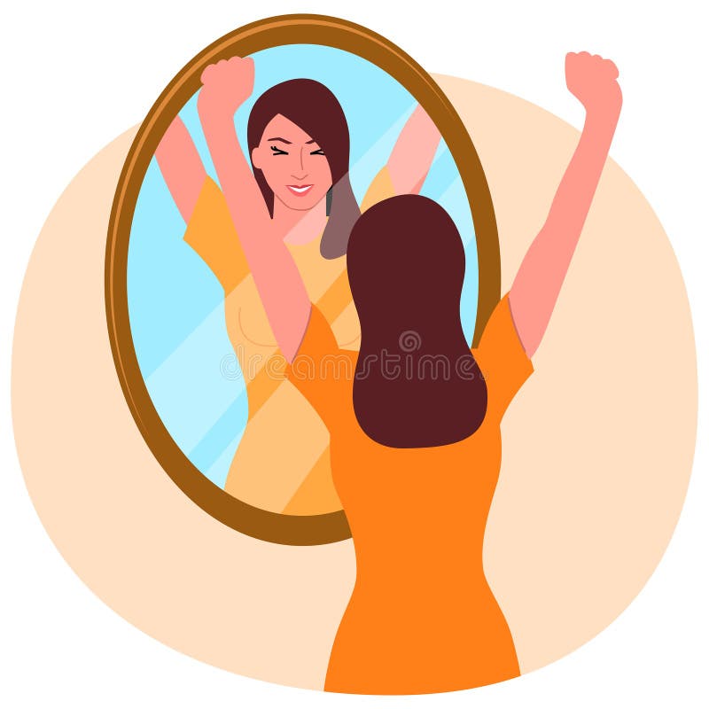 Clip art of a happy young woman looking in the mirror, self love, manifestation, confident concept, vector illustration