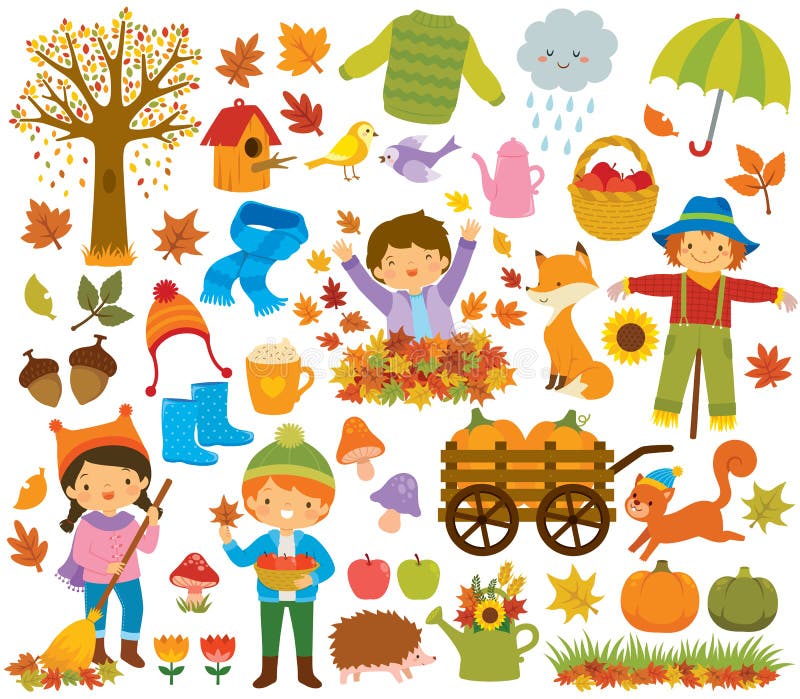 Clipart de outono com crianças e animais
