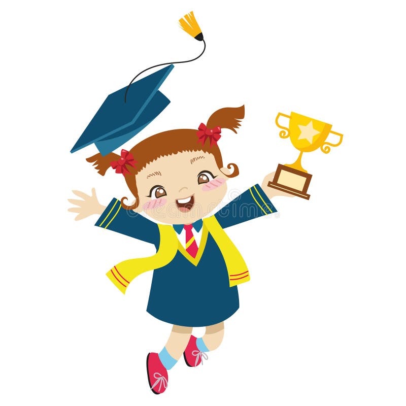 Clipart de una linda niñita de cabello marrón con vestido de toga azul para comenzar saltando y sosteniendo un trofeo libre illustration