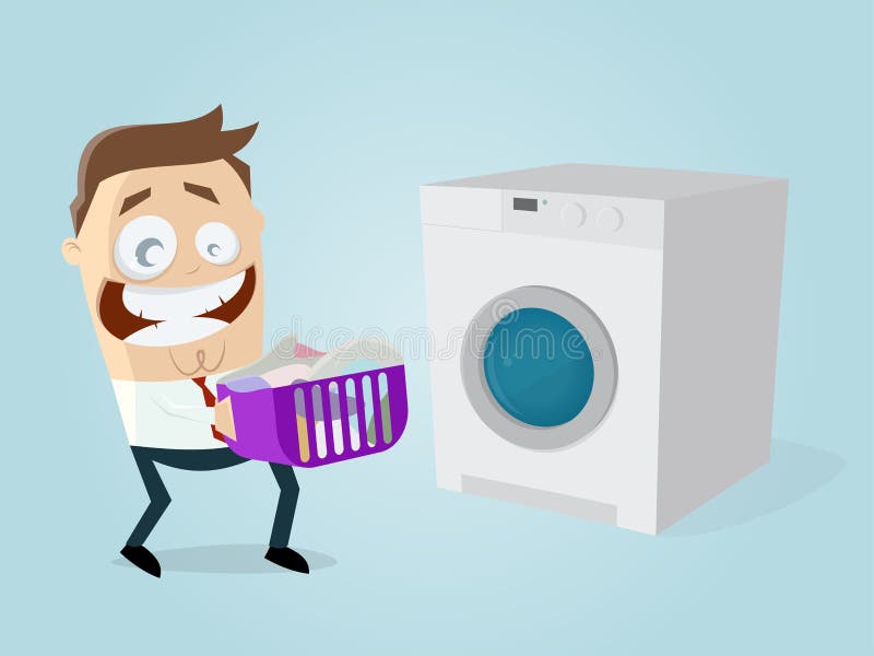 Funny cartoon man with dirty laundry and washing machine