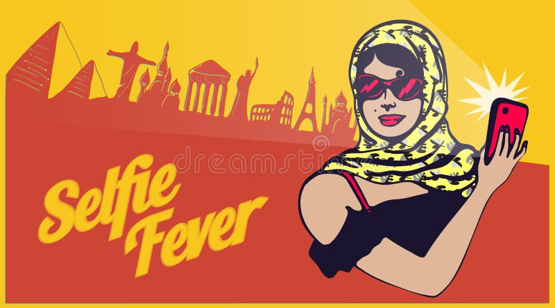 Clipart retro do vintage: senhora do turista do viajante que toma o selfie com o mundo que sightseeing ilustração stock Clipart retro do vintage: senhora do turista do viajante que toma o selfie com o mundo que sightseeing ilustração stock