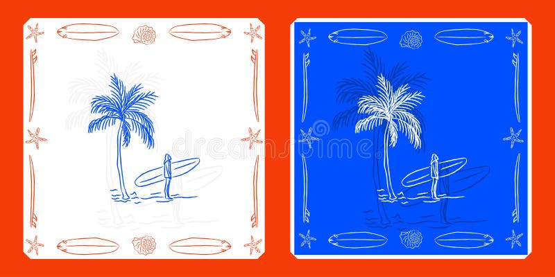 Clipart surfer with surfing board under palm tree retro vector illustration
