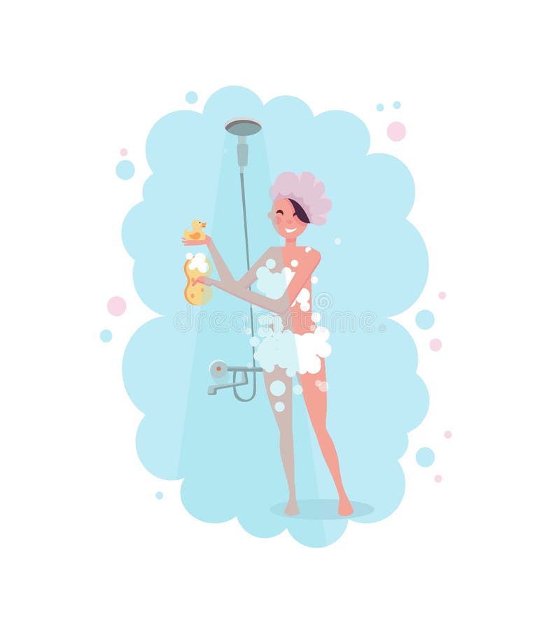Clipart van een gelukkige jonge vrouw in douche GLB die een douche in roze stoom nemen die op witte achtergrond wordt geïsoleerd royalty-vrije illustratie Clipart van een gelukkige jonge vrouw in douche GLB die een douche in roze stoom nemen die op witte achtergrond wordt geïsoleerd royalty-vrije illustratie