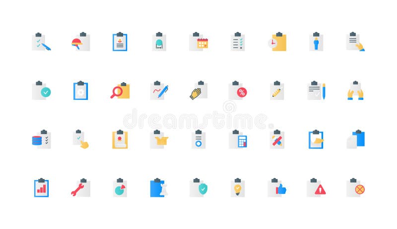Clipboard, checklist form with ticks on paper sheet, survey data and task color icon set royalty free illustration