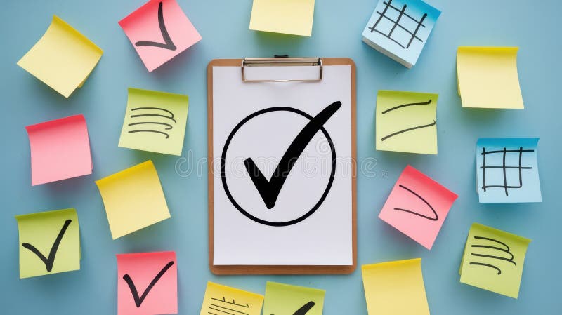 Check Mark on Clipboard Surrounded by Colourful Sticky Notes on Blue Background stock illustration