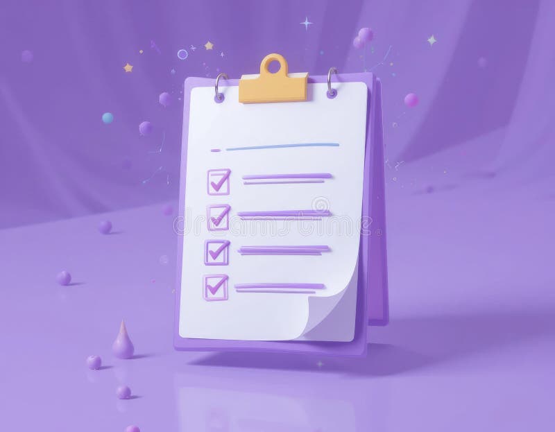 Clipboard Checklist with Purple Theme and Floating Elements Rendered in 3d. 3D rendered clipboard displays a completed checklist against a purple backdrop with floating elements, creating a fun and engaging visual Perfect for organization and planning content