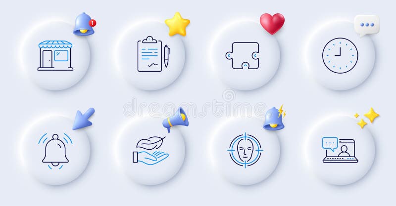 Clipboard, Clock and Face detect line icons. For web app, printing. Vector stock illustration