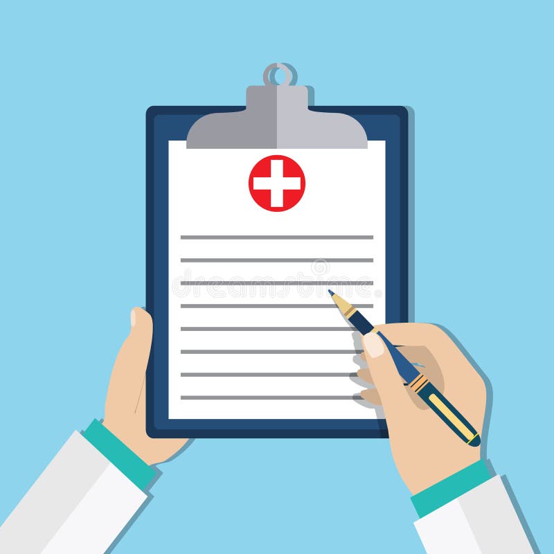 Clipboard in Doctors Hand. Medical Report Analysis Stock Vector