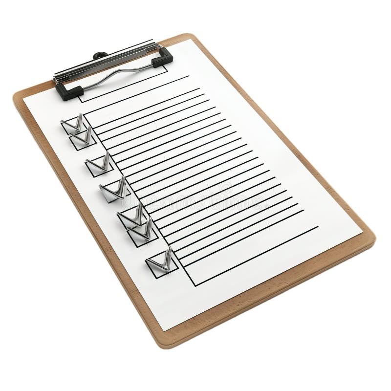 Clipboard showing a checklist with check marks on white background stock illustration
