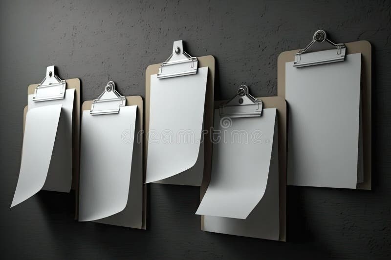 Clipboards Full of Blank White Paper Hung Against a Grey Wall Stock