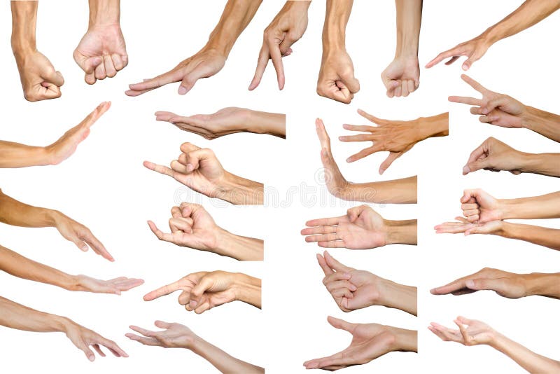 Clipping path of multiple male hand gesture isolated on white ba stock photos