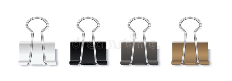 Clips papier réalistes. noir blanc or argent reliure porte-papier. vecteur illustration de vecteur
