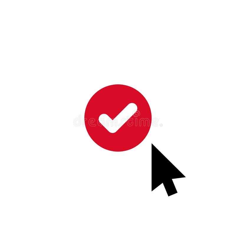Clique o ícone do vetor, símbolo do cursor com sinal da verificação O ícone da seta do cursor e aprovado, confirma, feito, tiquet ilustração do vetor Clique o ícone do vetor, símbolo do cursor com sinal da verificação O ícone da seta do cursor e aprovado, confirma, feito, tiquet ilustração do vetor