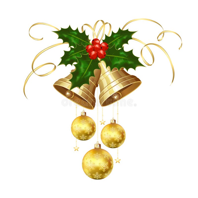 Golden Christmas bells with Holly berries, tinsel and baubles isolated on white background, illustration. Golden Christmas bells with Holly berries, tinsel and baubles isolated on white background, illustration.