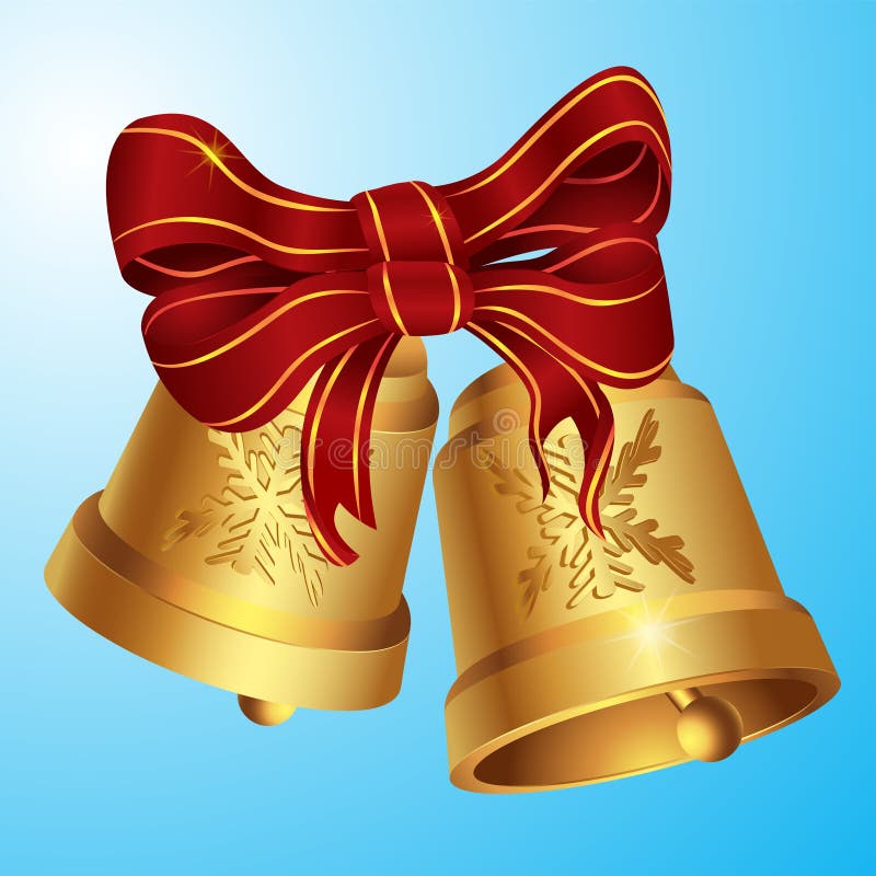 Cloches dorées de Noël avec grand arc rouge festif sur couche isolée Image vectorielle illustration stock Cloches dorées de Noël avec grand arc rouge festif sur couche isolée Image vectorielle illustration stock