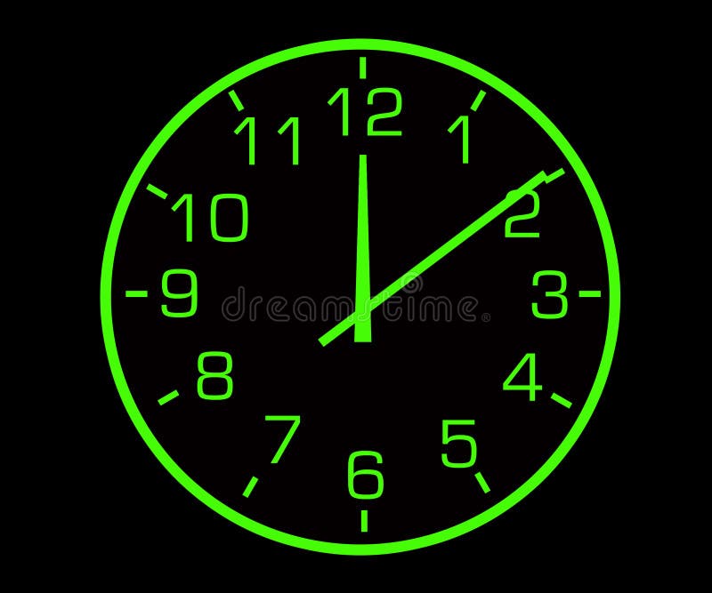 Clock. Green analogue clock on black background