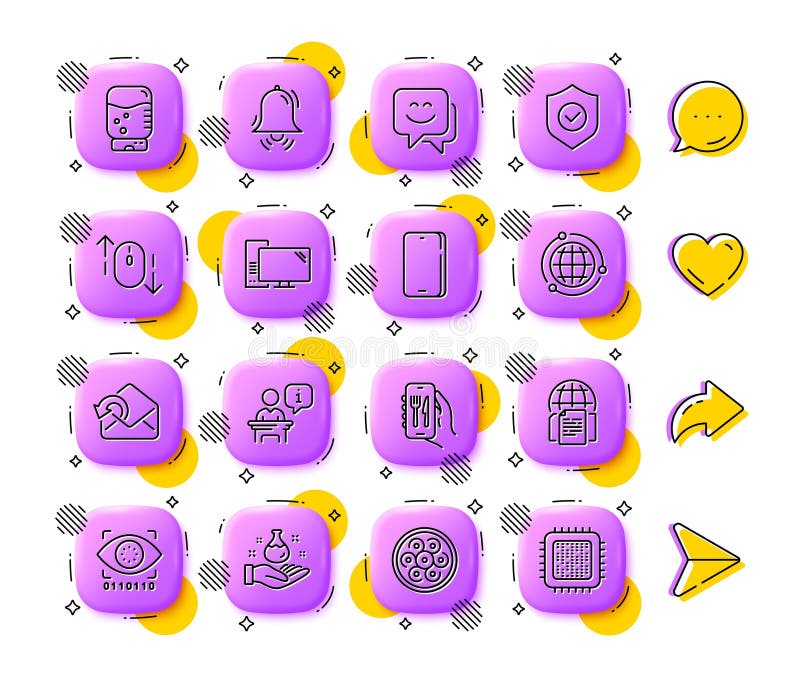 Clock bell, Scroll down and Artificial intelligence line icons. For web app, printing. App 3d buttons icons. Vector royalty free illustration