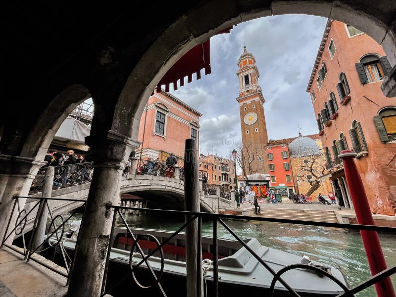 Clock and bell tower of the Church of the Holy Apostles of Christ in Venice, Italy