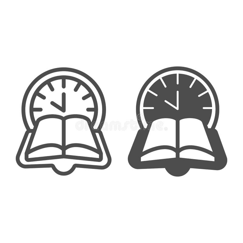 Clock, book time line and solid icon, children book day concept, reading time vector sign on white background, open book outline style for mobile concept and web design. Vector graphics. Story time animals vectors
