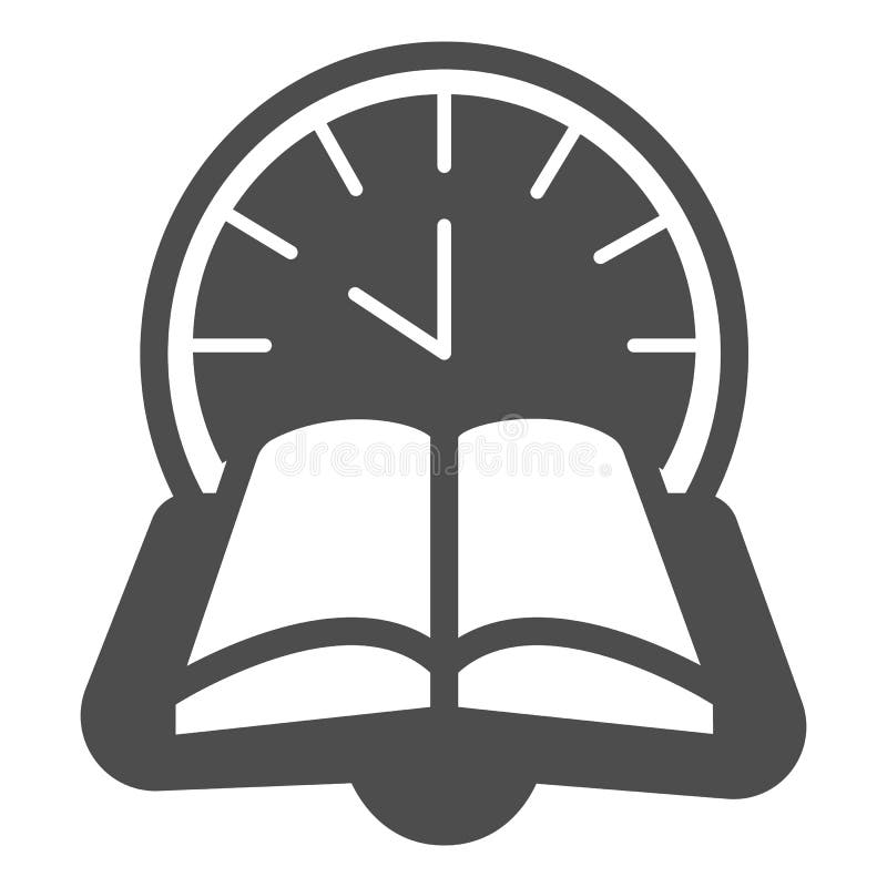 Clock, book time solid icon, children book day concept, reading time vector sign on white background, open book glyph style for mobile concept and web design. Vector graphics. Story time animals vectors