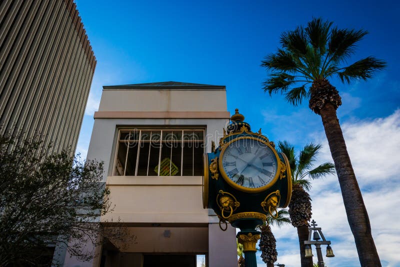 Clock and buildings in downtown Riverside stock photography