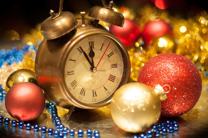 Clock and christmas balls - holiday background