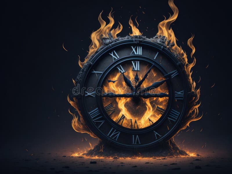Clock on Fire. Clock Face Consumed As Time Black Background Stock