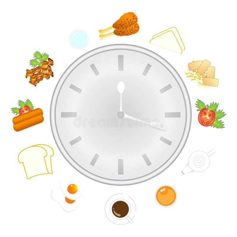 Clock with Food and Kitchen Utensils, Meal Time Stock Vector