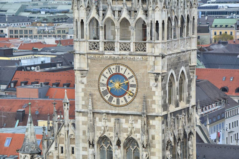 Clock on new town halll in Marienplatz, Munich stock photo