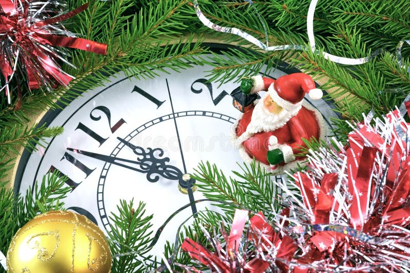 Clock and New Year decorations royalty free stock images