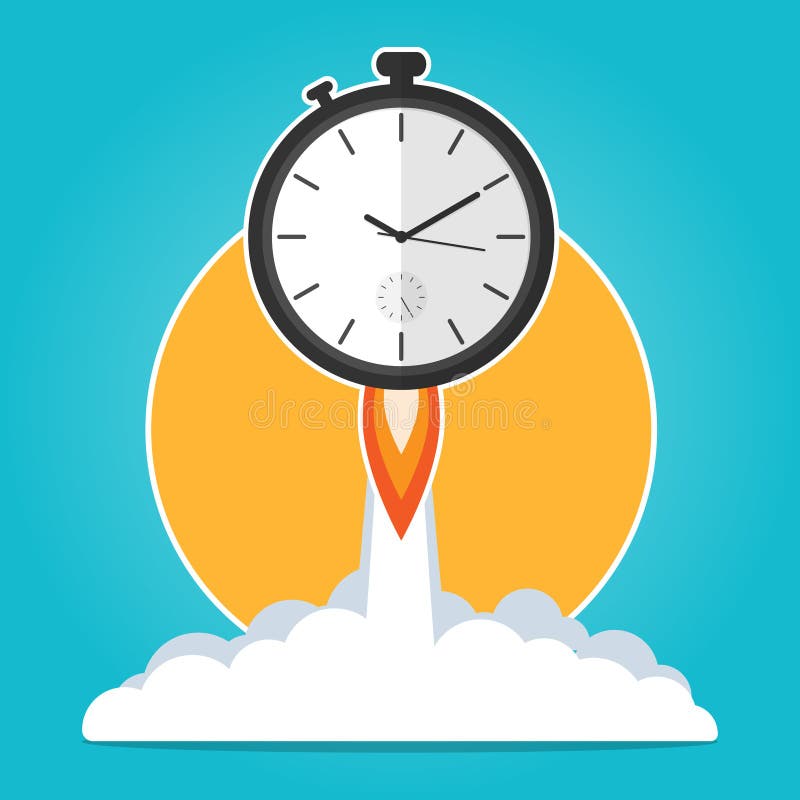 Clock rocket launch up,time to work time is running,deadline concept flat vector stock illustration Clock rocket launch up,time to work time is running,deadline concept flat vector stock illustration