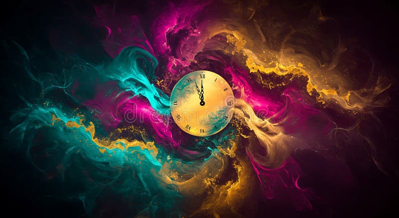 A clock with Roman numerals is set against a vibrant, swirling background of vector illustration