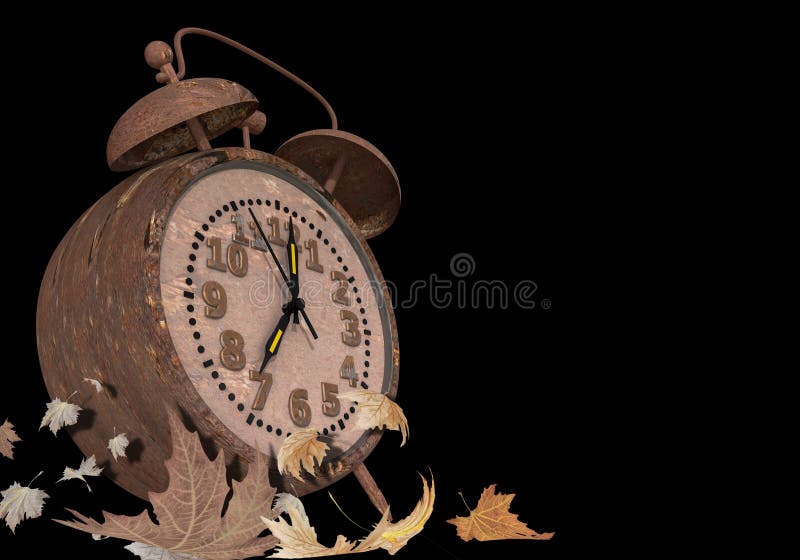 Clock rusty old analog autumn leaves end isolated - 3d rendering. Clock rusty old analog autumn leaves end isolated end memory loss - 3d rendering