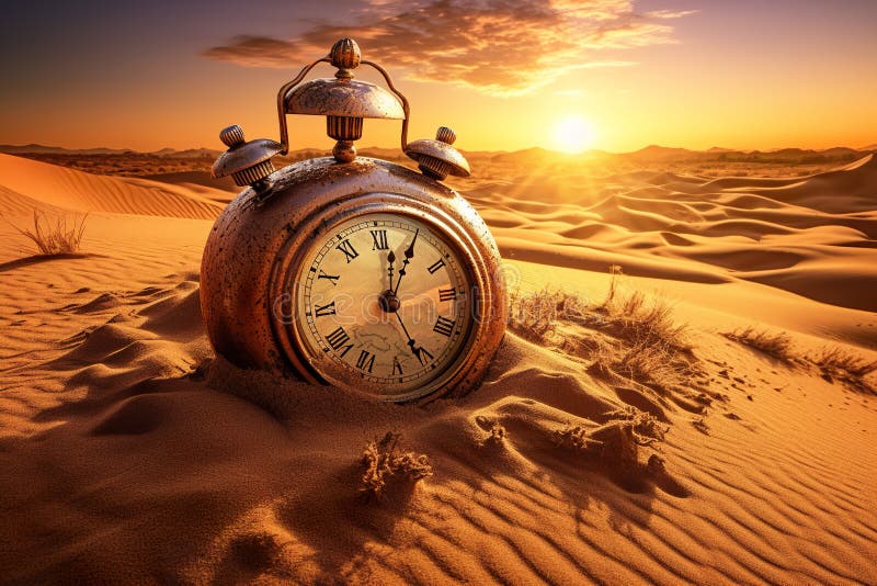 A Clock Sitting in the Middle of a Desert. Generative AI Image. Stock
