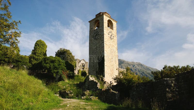 The clock tower at the fortress in Old Bar, Montenegro