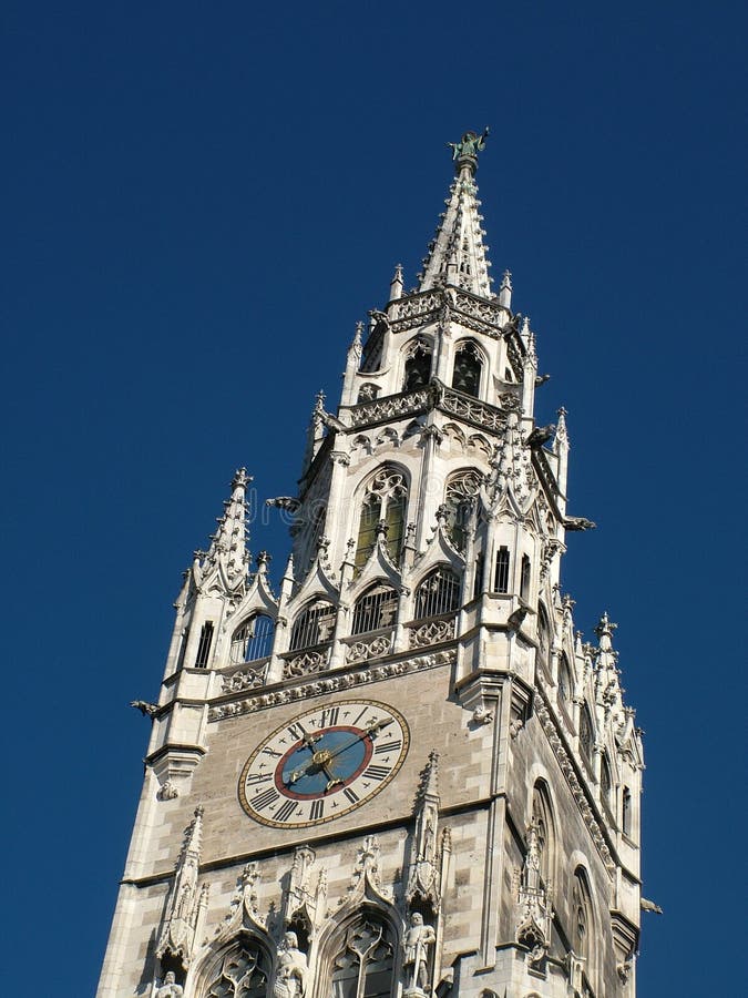 Clock Tower Of Munich`s New Town Hall At Marienplatz Stock Photo