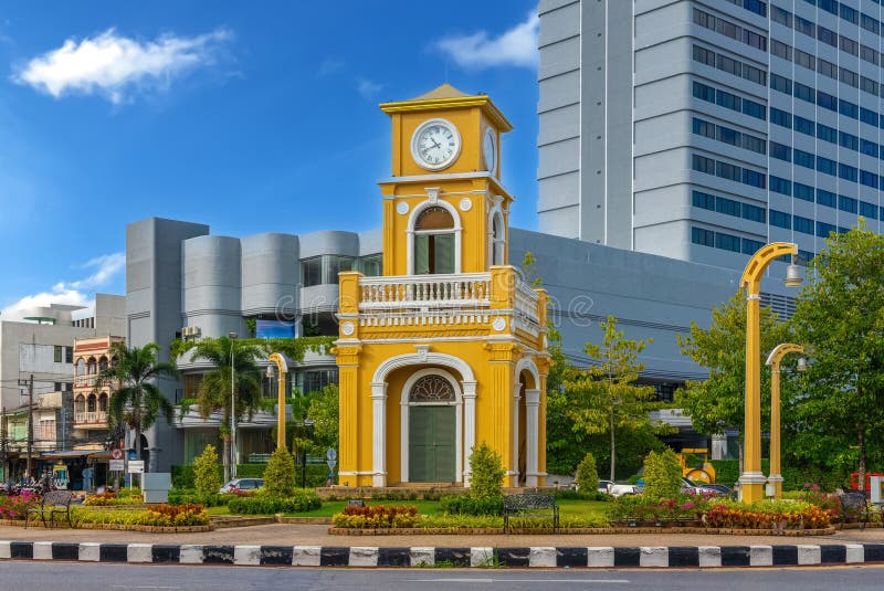 Clock Tower on a Roundabout in Old Phuket Town Thailand May 2023 Stock