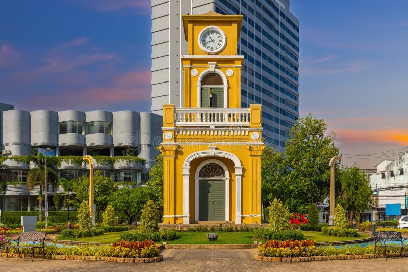 Clock Tower on a Roundabout in Old Phuket Town Thailand May 2023 Stock