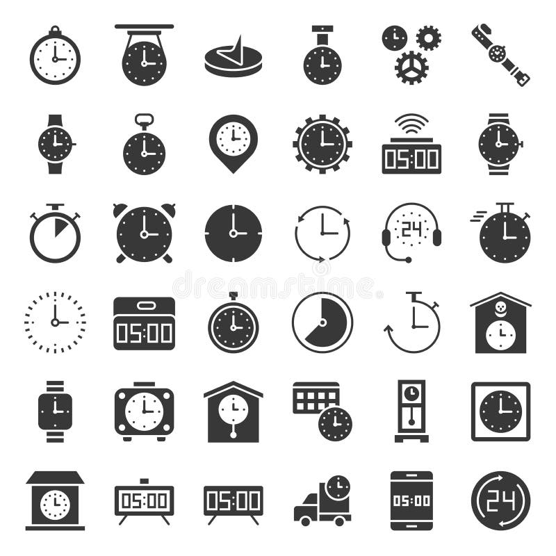 Clock, watches and time related icon set, such as working hours, stopwatch, appointment time, solid style vector illustration