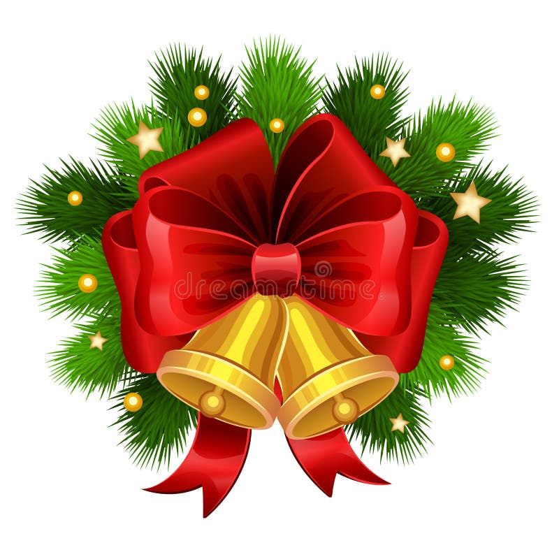 Clopoței de aur de Crăciun cu arcuș roșu și ramuri de brad. vector royalty free illustration