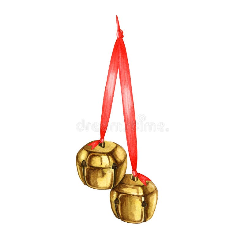 Clopoței metalici de aur pe panglică roșie. ilustrare acustică. jinguri metalice de formă „vintage” desenate manual pe panglica ro vector illustration