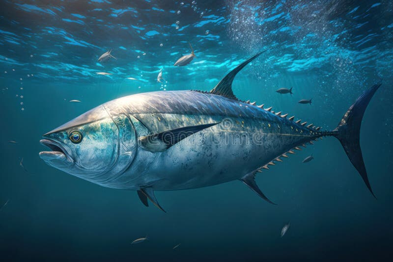 Close big bluefin tuna fish swimming in clear ocean water, Generative AI