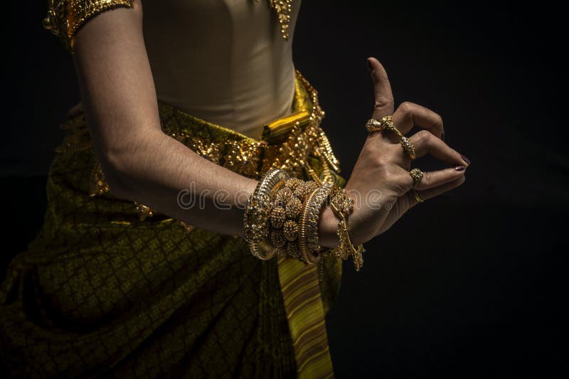Close detail of Khmer apsara performer of traditional dance in cambodia royalty free stock image