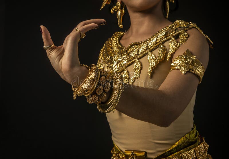 Close detail of Khmer apsara performer of traditional dance in cambodia stock images