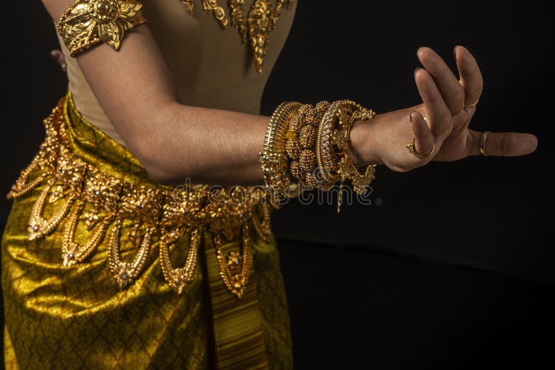 Close detail of Khmer apsara performer of traditional dance in cambodia royalty free stock photo