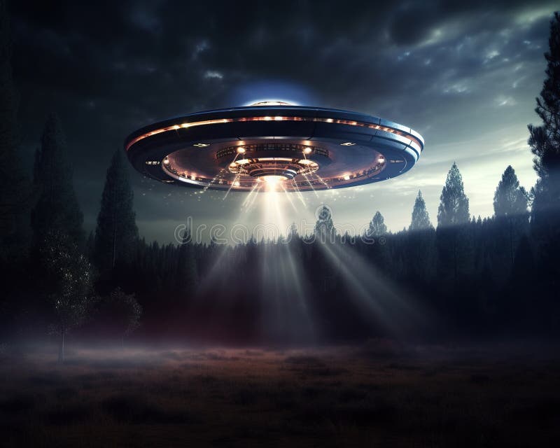 Close encounter of the third kind with a spaceship from outer space. stock illustration